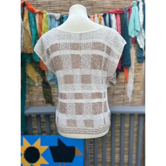 Vintage 80s Beldoch Popper Italy Knit Top Tan White Check Sleeveless - Picture 3 of 9